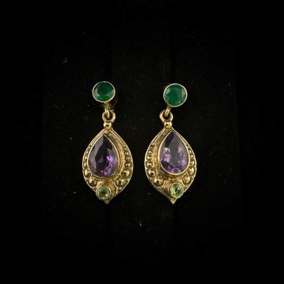 Nicky Butler Earrings Green Purple Drop Gold Vermeil over Sterling Silver 925 - Picture 1 of 10